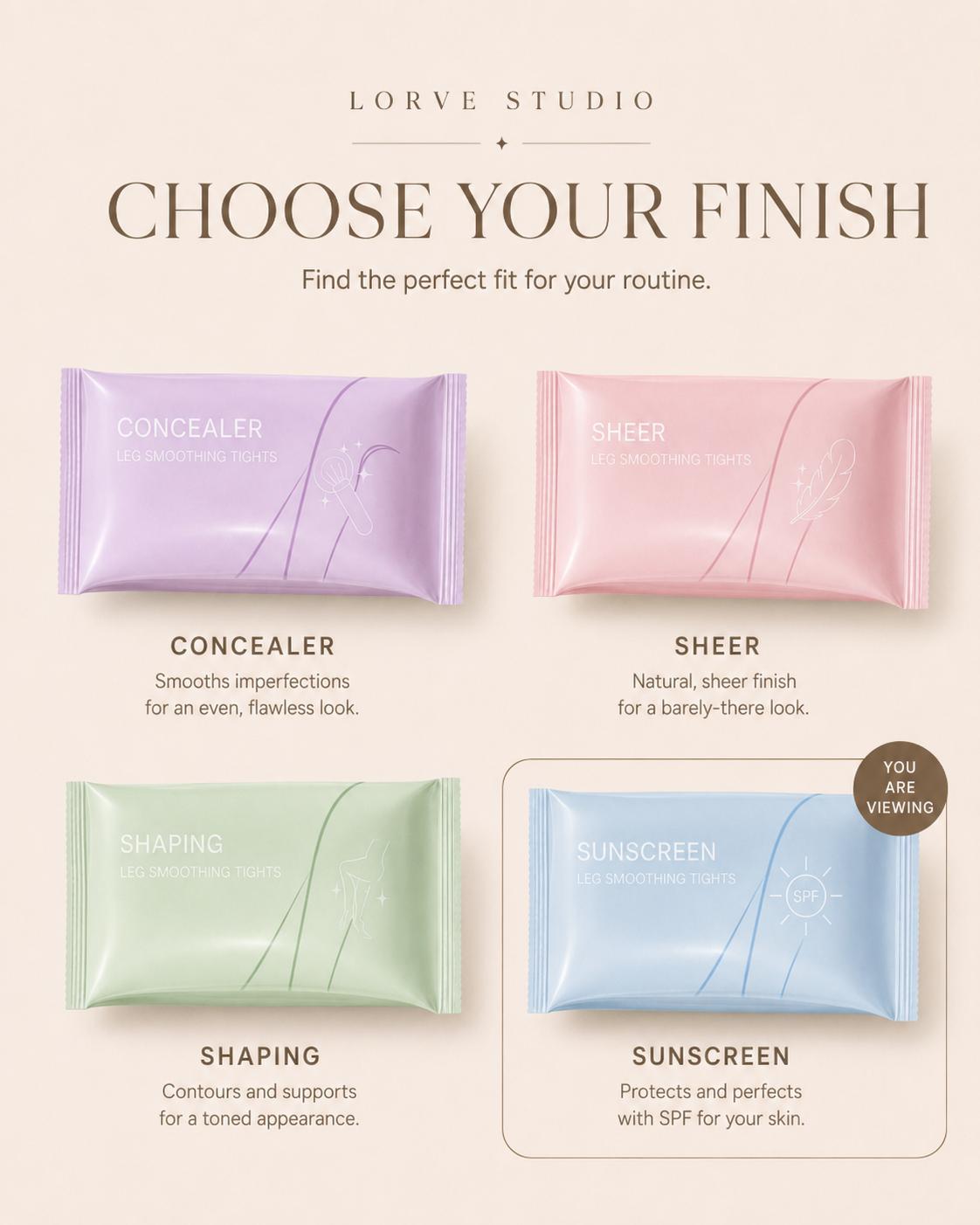 Lorve Studio 'Choose Your Finish' skincare product lineup graphic showing four individually wrapped products: Concealer in lavender, Sheer in pink, Shaping in mint green, and Sunscreen in light blue, on a warm beige background.